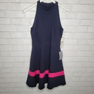 Eliza J Navy Blue Hot Pink Stripe Halter Cocktail Dress